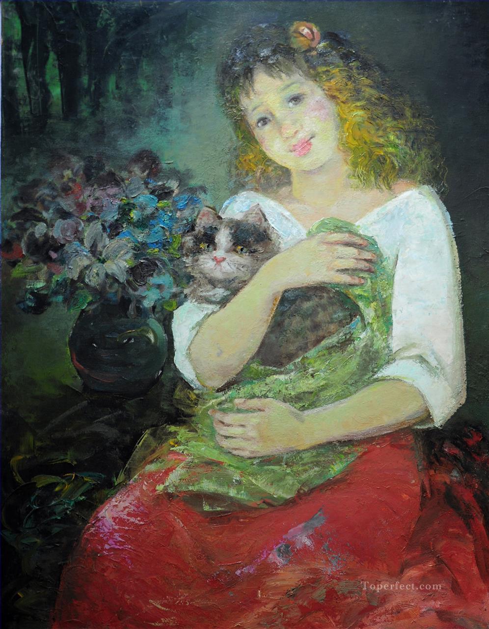 fille et chat enfants animaux Peintures à l'huile